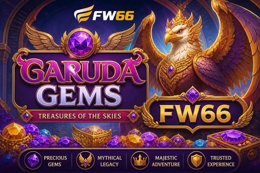 Tampilan GARUDA GEMS di FW66 dengan ornamen klasik, warna emas hangat, dan suasana budaya yang tenang