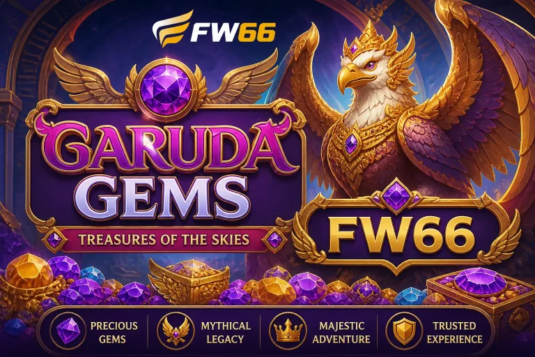 Tampilan GARUDA GEMS di FW66 dengan ornamen klasik, warna emas hangat, dan suasana budaya yang tenang
